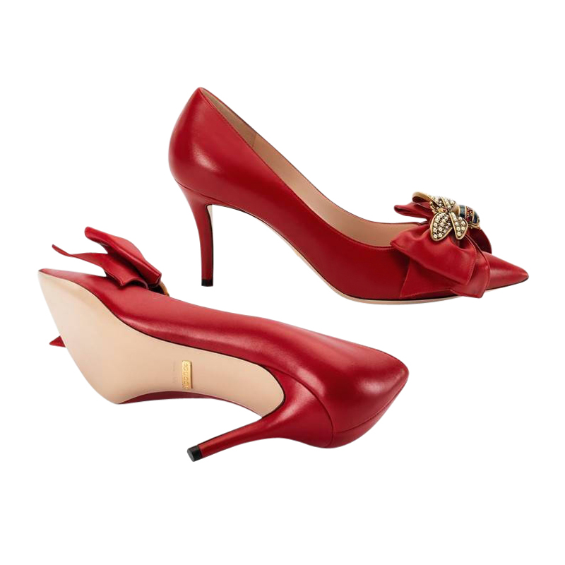 gucci/古驰 女士牛皮玛格丽特珍珠小蜜蜂高跟鞋7cm g496641