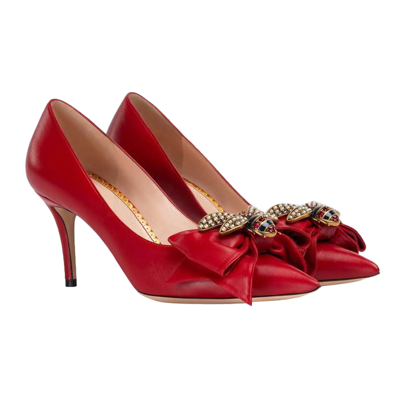 gucci/古驰 女士牛皮玛格丽特珍珠小蜜蜂高跟鞋7cm g496641