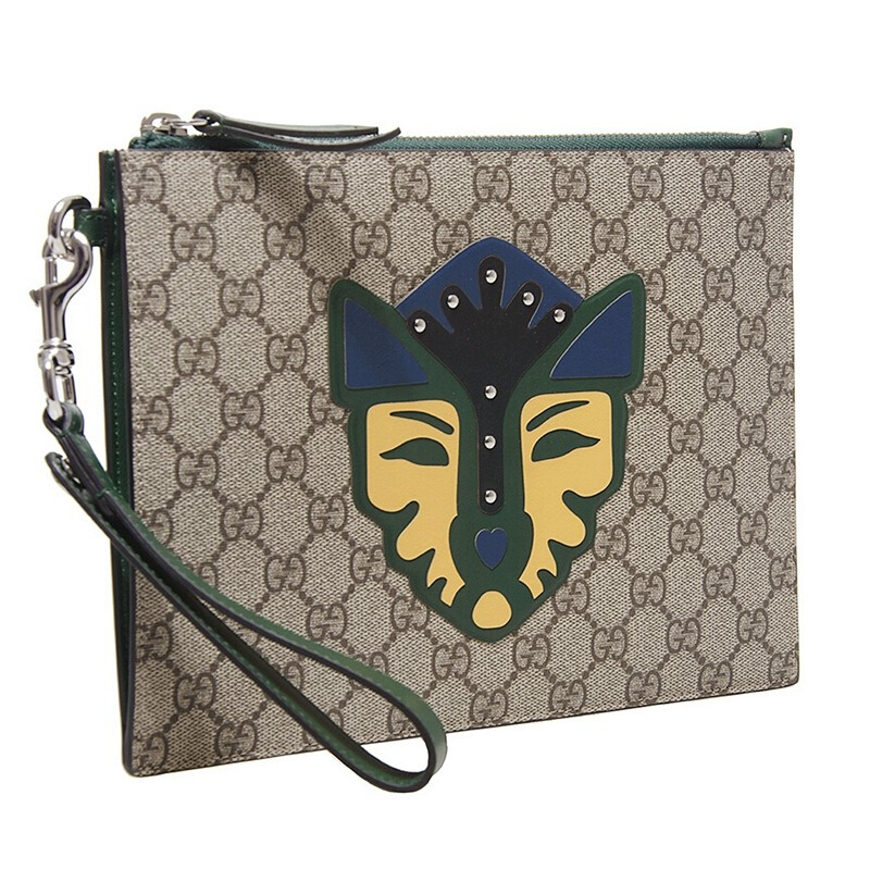 gucci/古驰 手拿包20春夏男士中号米色乌木色双g虎头印花图案帆布拉链