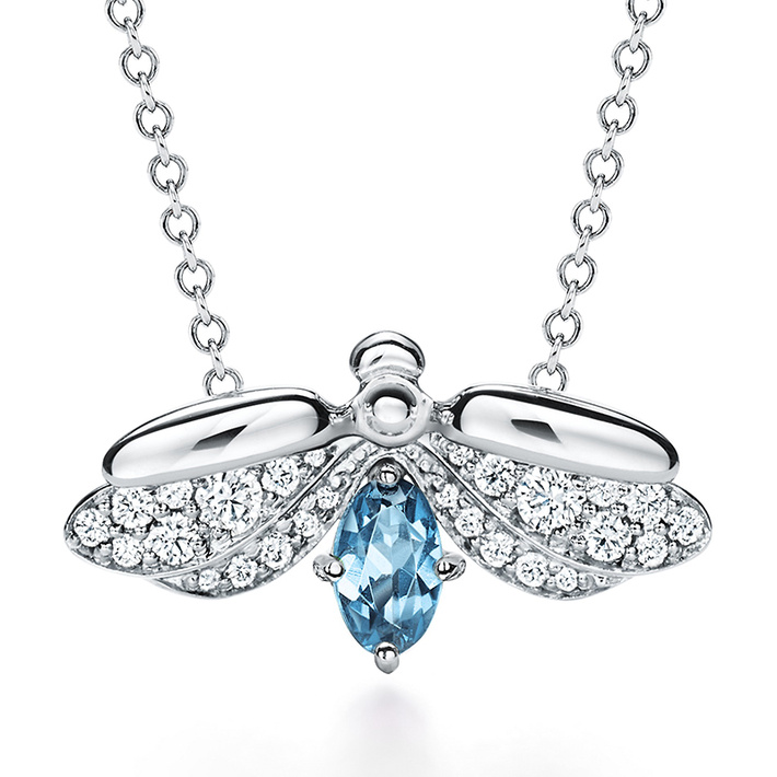 tiffany paperflowers系列 铂金镶嵌钻石和海蓝宝石萤火虫项坠项链