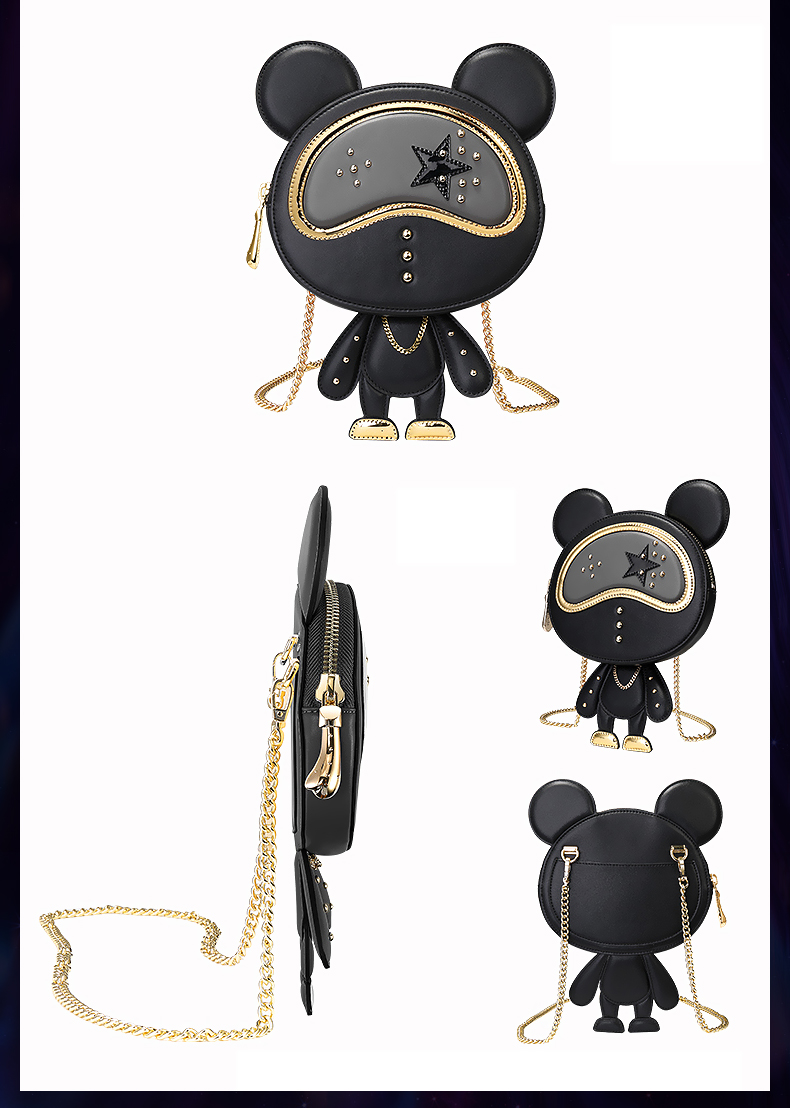 星际熊圆形小包包女可爱小熊造型时尚链条女包单肩斜跨百搭小圆包