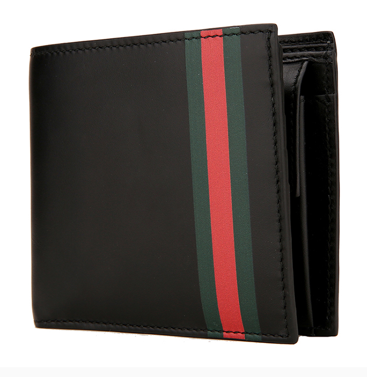 gucci/古驰 男士黑色皮革条纹logo装饰短款钱包