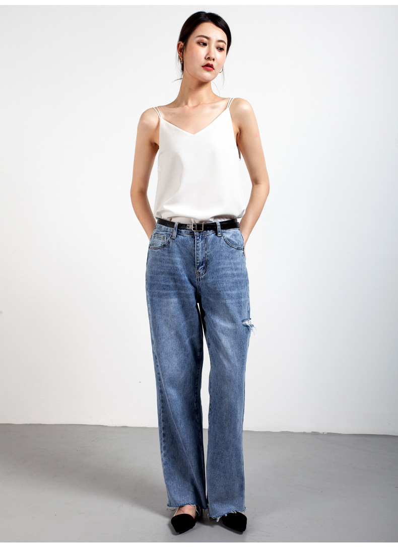 geleistory/geleistory夏新款老爹破洞阔腿女士牛仔裤女浅蓝色高腰