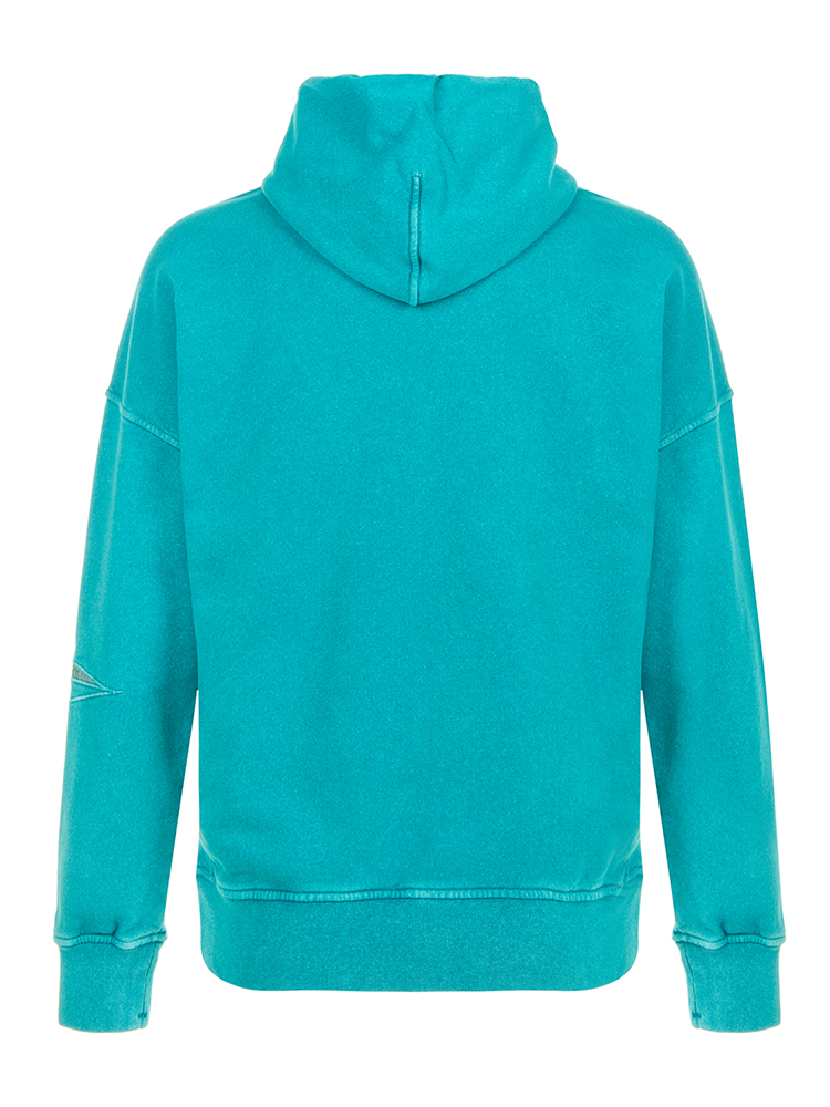 长袖 青色 纯色 纯棉 胸前刺绣字母logo 手臂刺绣十字星图案 卫衣