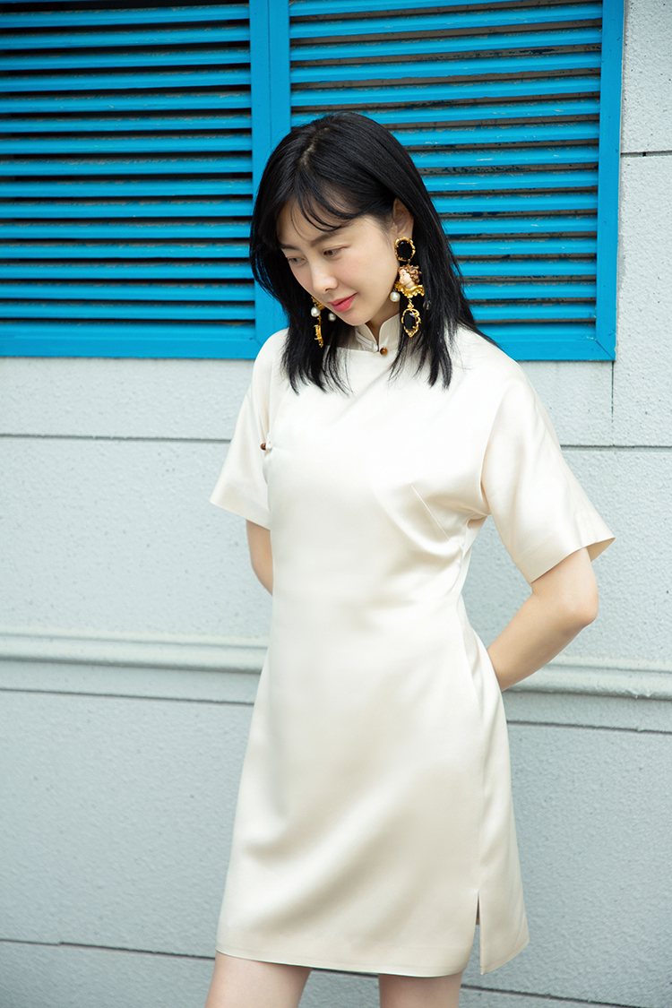 tracy chu/tracy chu朱熙越夏季新款香槟色中式女士连衣裙