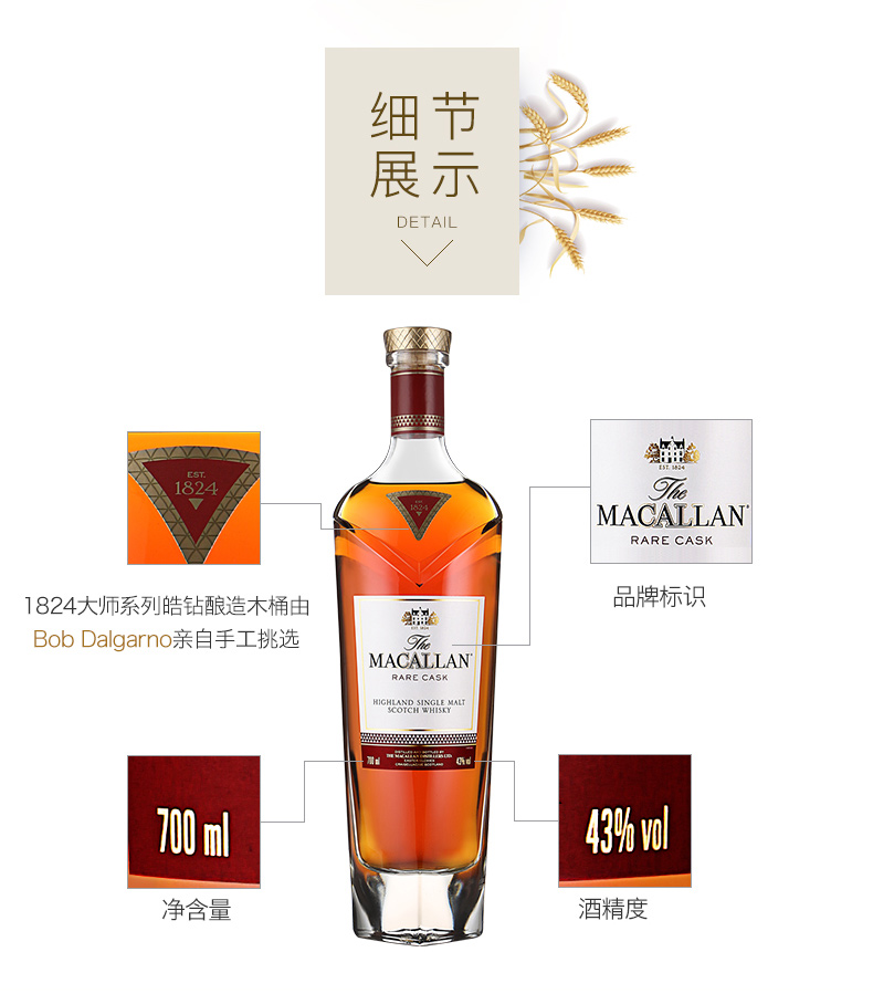 宝树行 麦卡伦皓钻1824大师系列700ml苏格兰单一麦芽威士忌雪莉桶