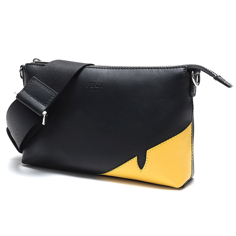 20春夏corner bugs系列男士黑色黄眼小怪兽图案皮革单肩包斜挎包