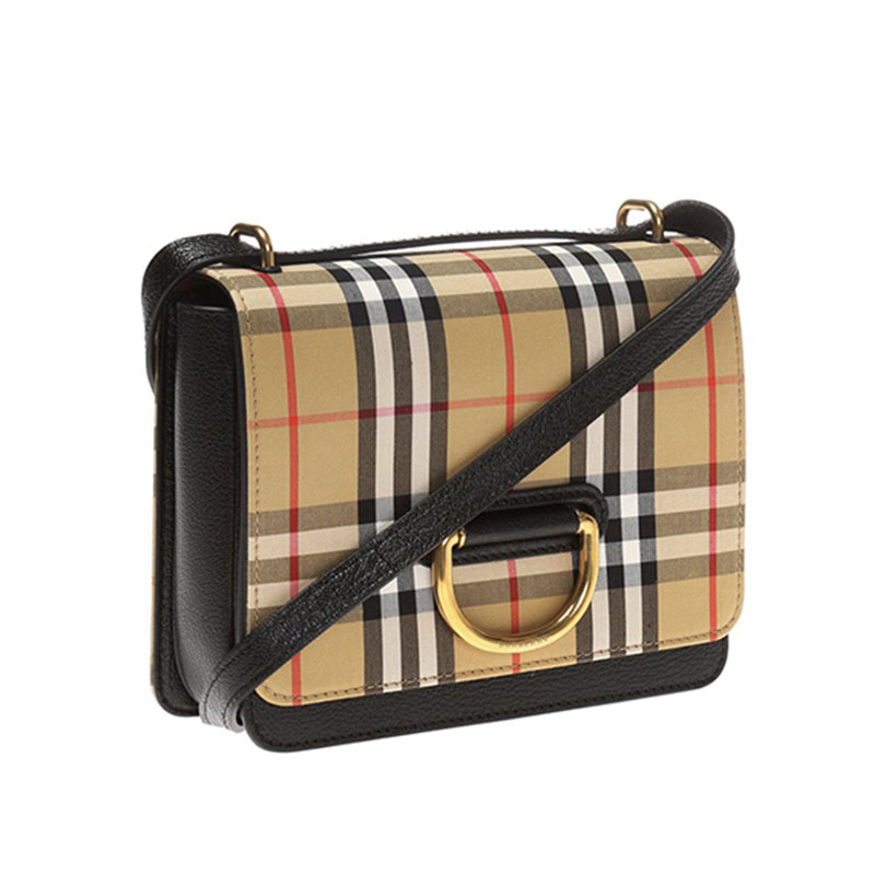 burberry/博柏利 巴宝莉女包 女士黑色/卡其色vintage格纹帆布配皮d形