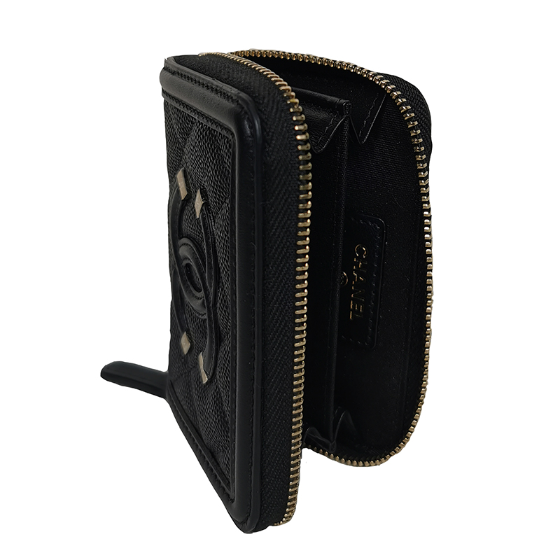 【包税】chanel/香奈儿 经典款黑色鱼子纹小牛皮双c拉链短款钱包