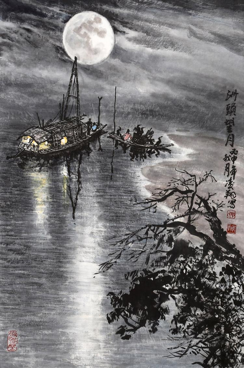 art寺库艺术 传统水墨单幅作品】申凌翔《洲头望月 广西漓江夜景