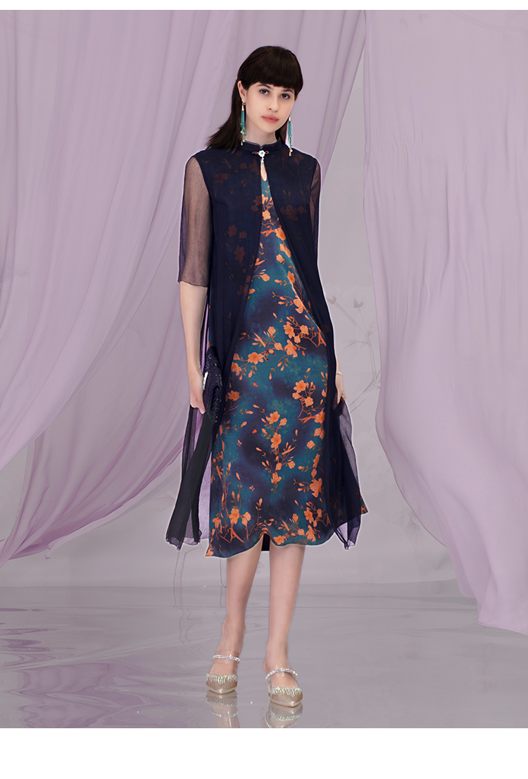 0s26562 londee/龙笛复古香云纱印花女改良中式服连衣裙