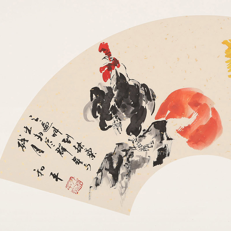 尹和平 扇面《雄鸡唱晓》 当代乡土童趣绘画名家 客厅书房茶室字画