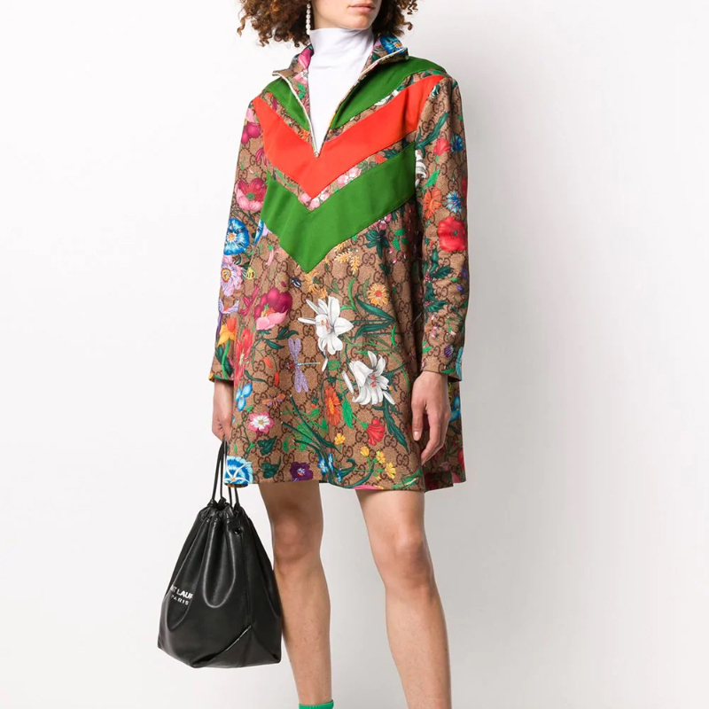 gucci/古驰 多色印花棉质高领时尚拼接花卉图案 女士连衣裙裙装