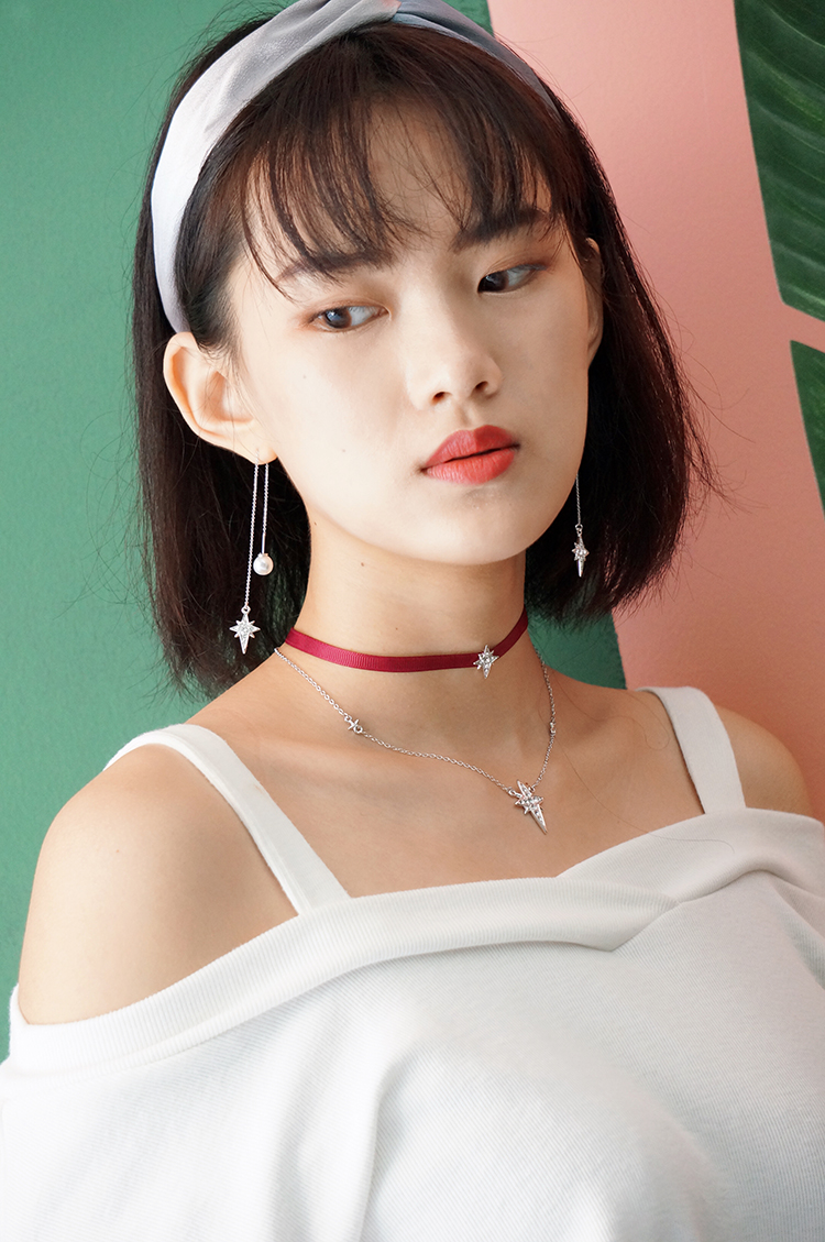 cocomiss/cocomiss铜镀白金星辰系列八芒星镶石不对称可调节珍珠长耳