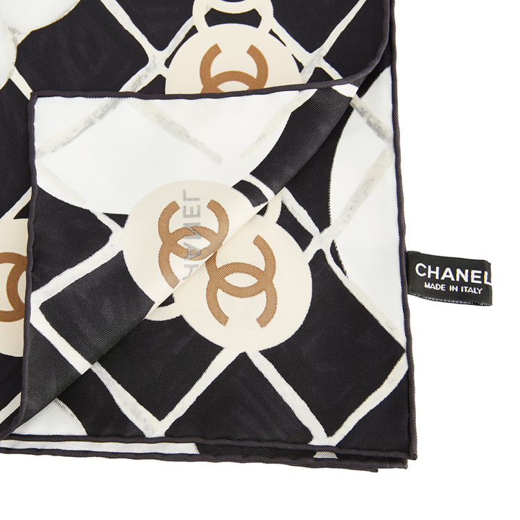 【chanel香奈儿 丝巾】chanel/香奈儿 黑白色真丝丝巾 山茶花logo【99