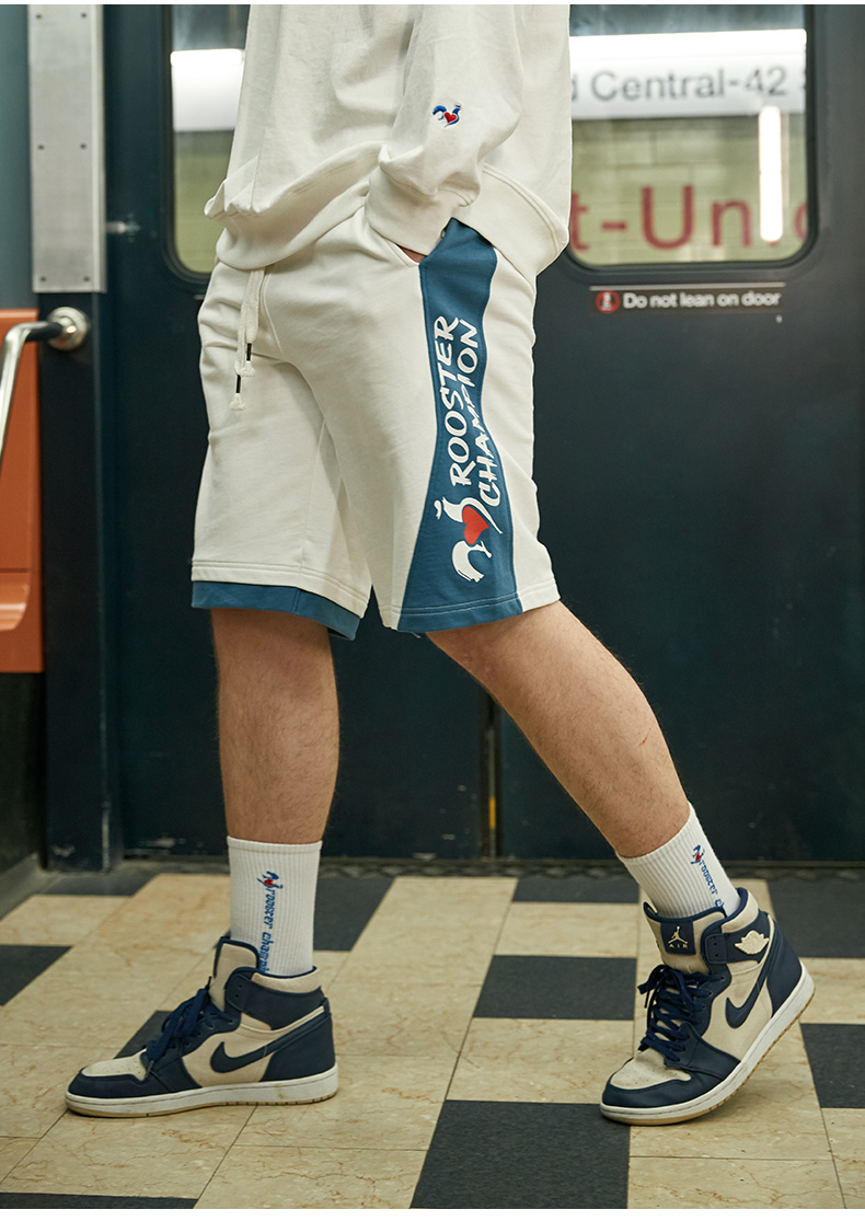 rooster champion法国公鸡冠军短裤男白色不对称运动休闲五分卫裤d