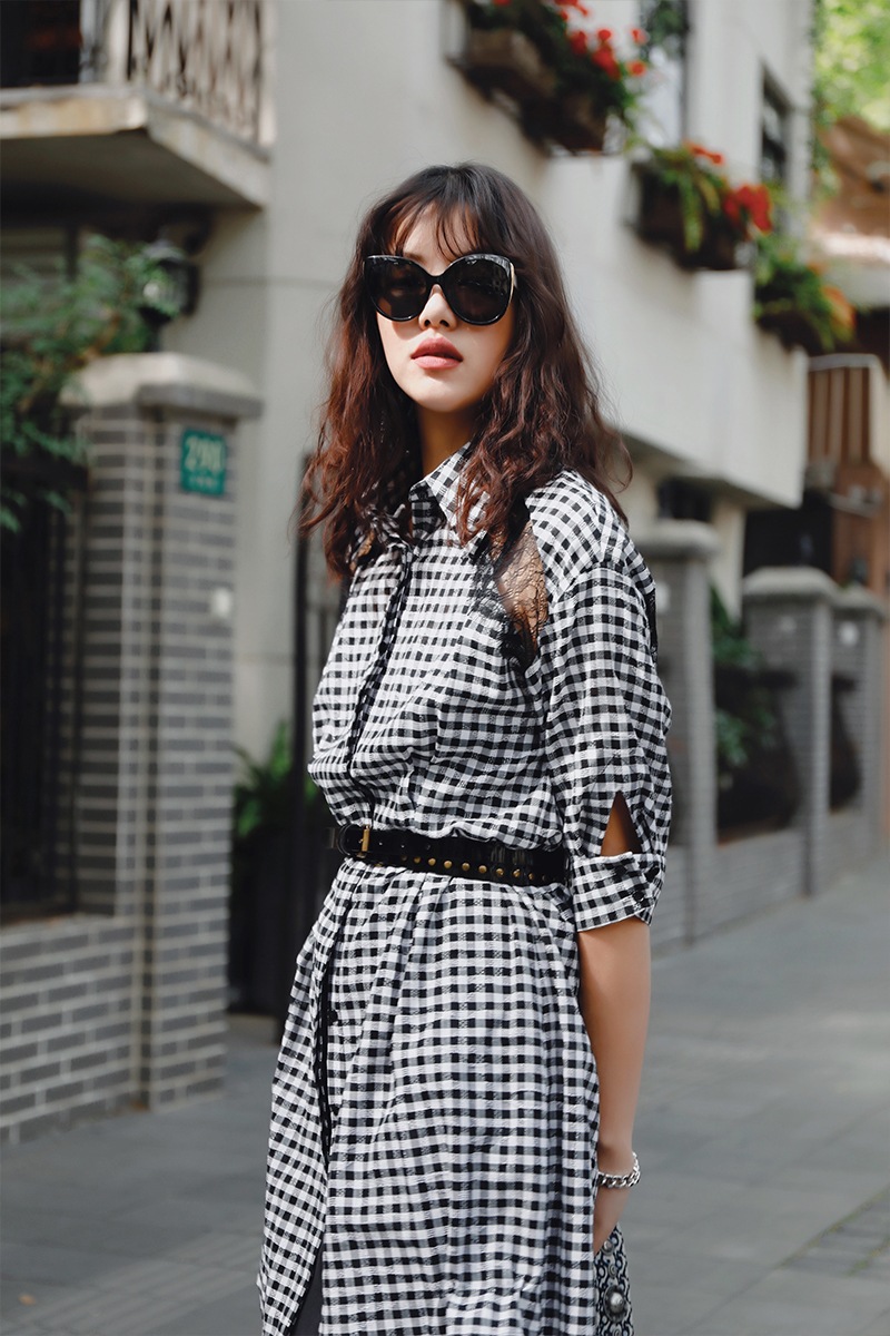 giabs/giabs 20春夏 黑白格纹连衣裙 女士连衣裙