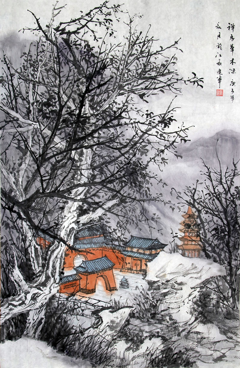 超值秒杀山水画家夏建军国画山水禅房草木深45x69cm传统水墨