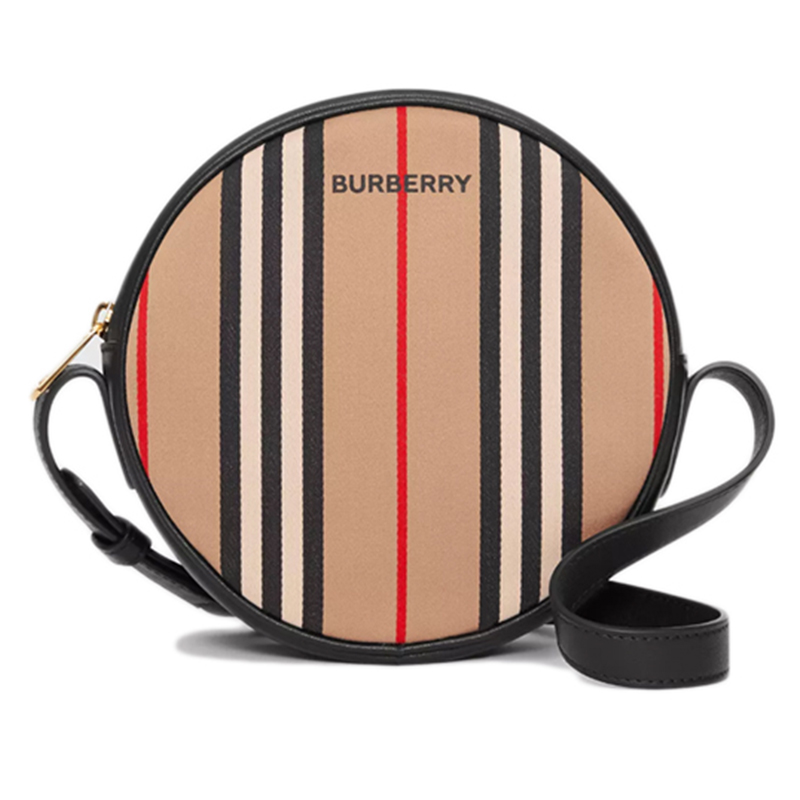 burberry/博柏利 女包经典款女士驼色条纹字母徽标圆饼形棉质拉链单肩