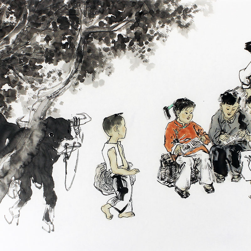 订制/中国美术家协会会员/名家孙培增 国画人物《乡童读书》/138x69cm