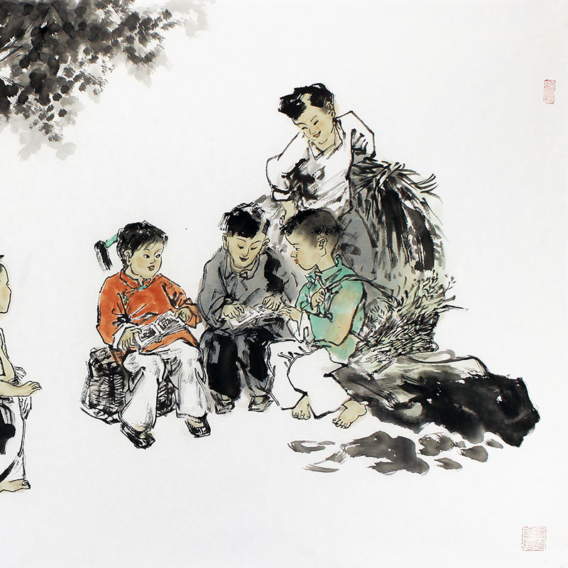 国画人物《乡童读书》/138x69cm/传统水墨