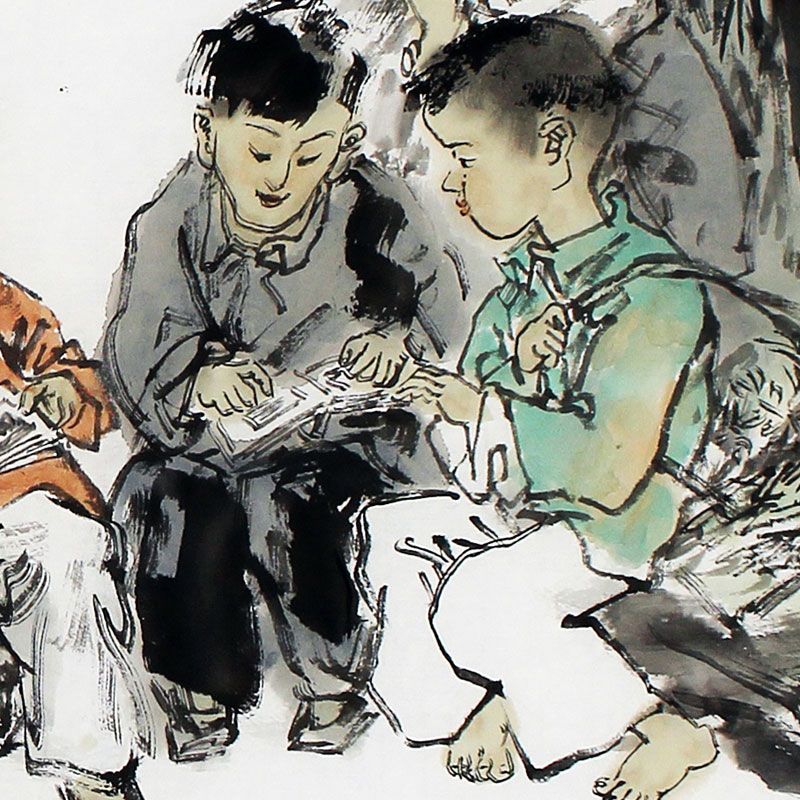 订制/中国美术家协会会员/名家孙培增 国画人物《乡童读书》/138x69cm