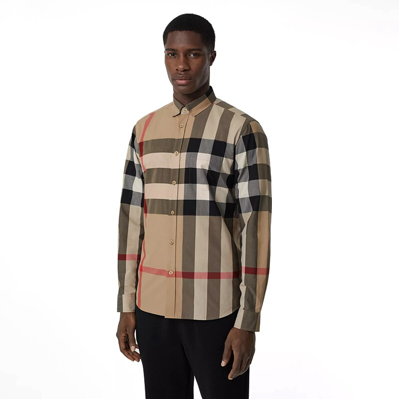 burberry/博柏利 男装衬衫经典款男士驼色格纹棉质商务翻领长袖衬衫