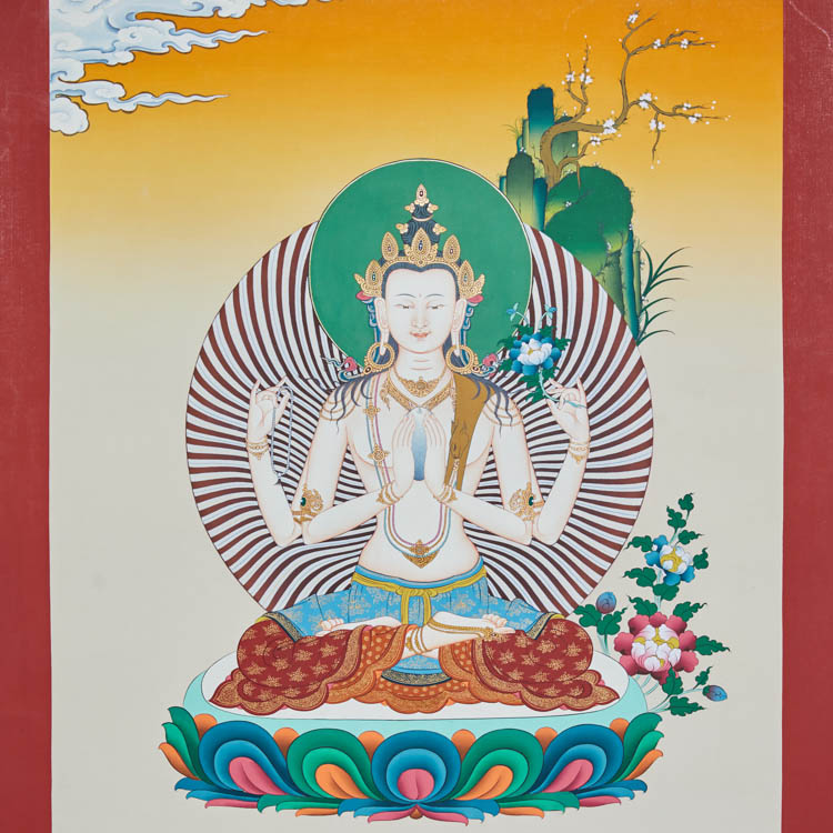 四臂观音吉祥平安彩唐可挂玄关走廊客厅书房转运唐卡