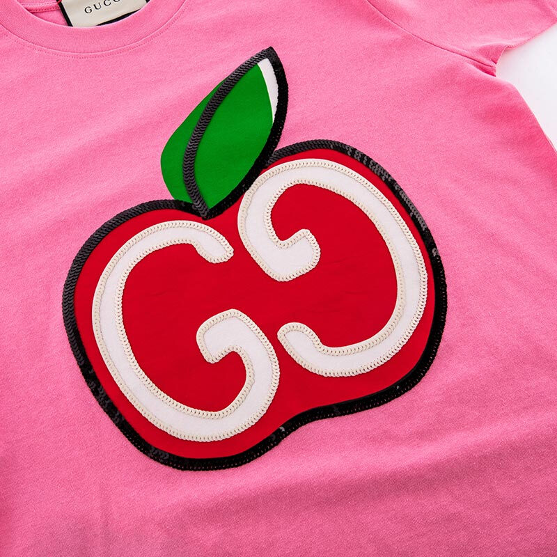 gucci/古驰 古琦女装 gg苹果图案 女士粉色棉质短袖t恤 580762-xjb7u
