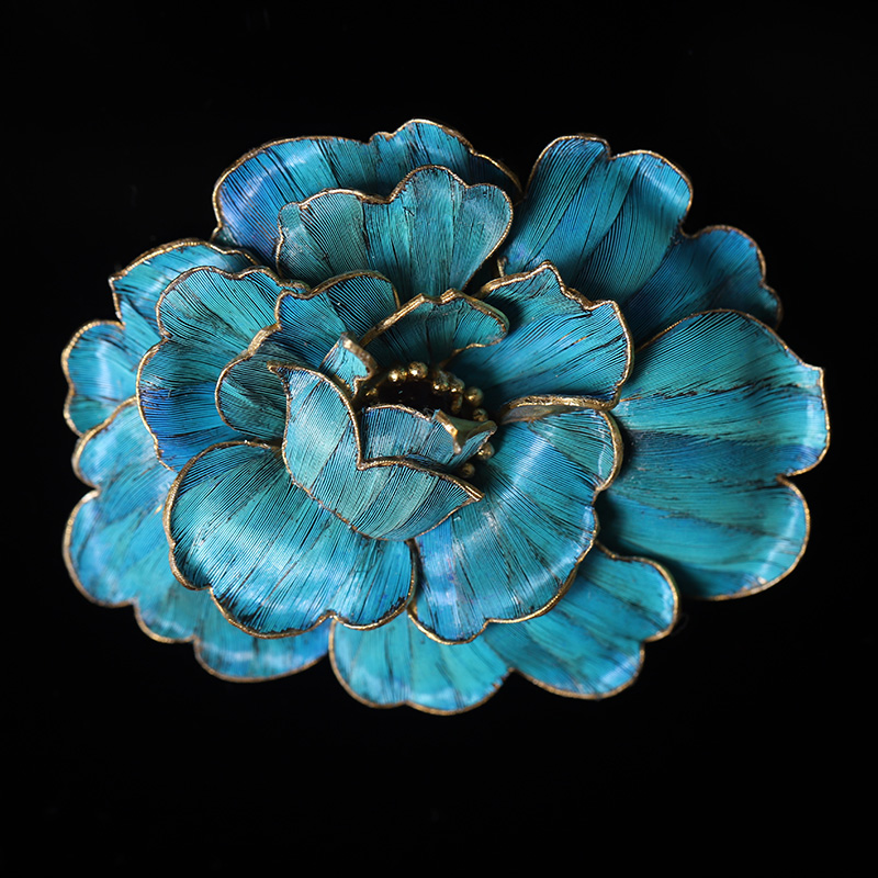 zhangs textiles/绣花张 中式复古宫廷风牡丹花点翠胸针