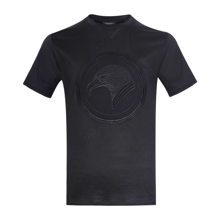 尼治经典鹰头logo刺绣圆领棉质混纺黑色镶钻舒适透气商务优雅男士短袖