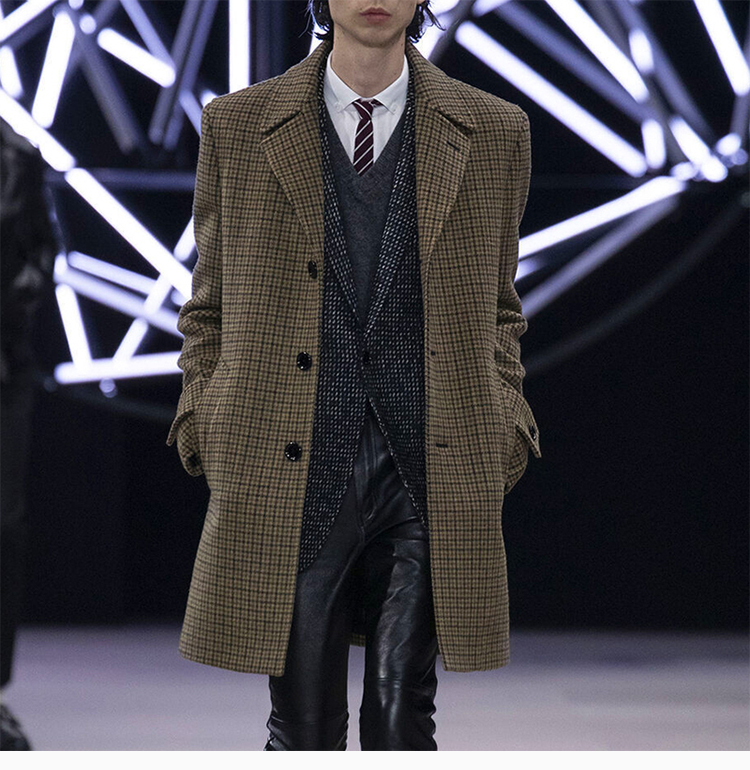 celine 思林 20秋冬 男装 服装 黄色羊毛经典格纹翻领中长款 男士大衣