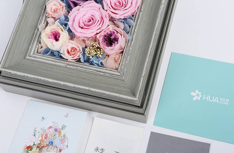 FLOWERSONG/时光的花/复古相框-进口粉色玫瑰、紫色玫瑰七夕情人节生日礼物