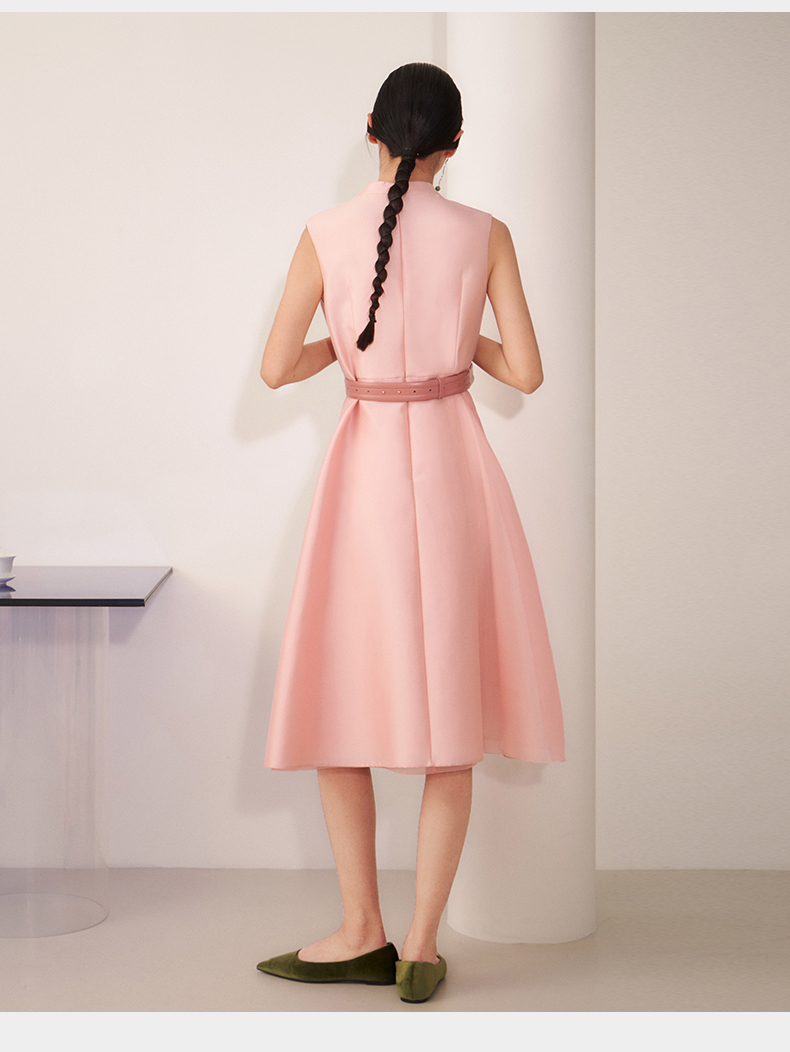 hui/卉 女士连衣裙20秋季新品樱雾粉色无袖连衣裙斜纹丝毛面料设计