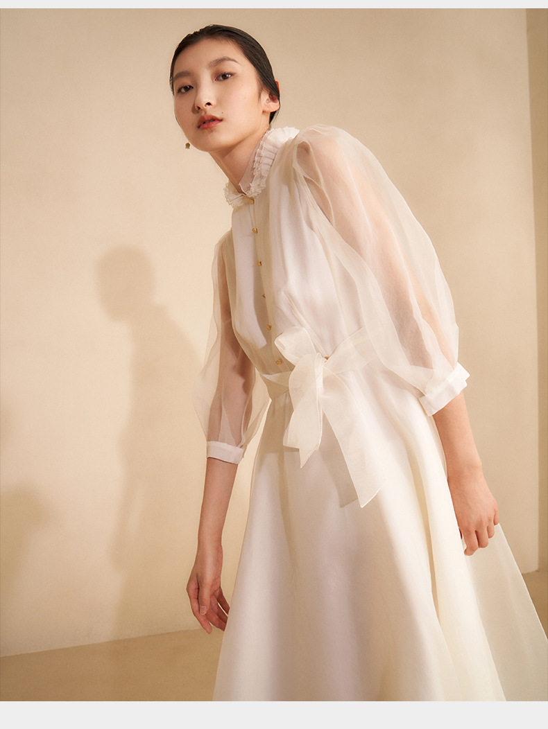 hui/卉 女士连衣裙20秋季新品茶白色真丝荷叶领连衣裙灯笼袖设计