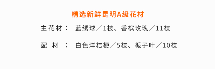 花礼/一见如故/蓝绣球1枝、香槟玫瑰11枝、白色洋桔梗5枝/七夕情人节礼物鲜花送人/当日达