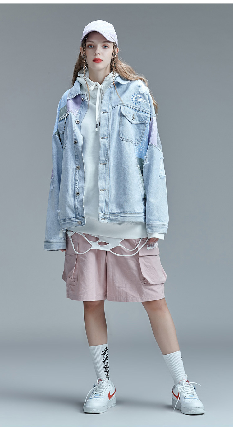 guuka 浅色 破洞 牛仔外套 女 潮牌 ins嘻哈 腰果花 拼接 牛仔 夹克