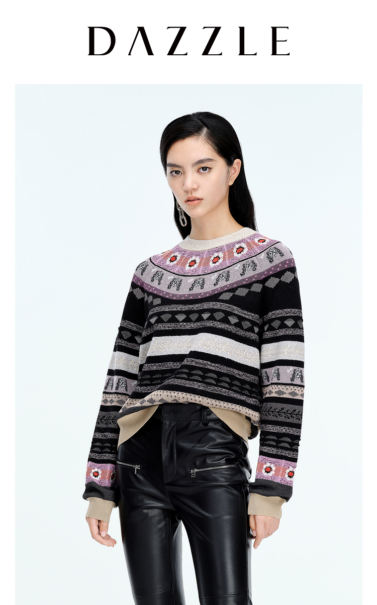 dazzle/dazzle地素20春装新款时髦圆盘提花圆领女士针织衫/毛衣2c1e
