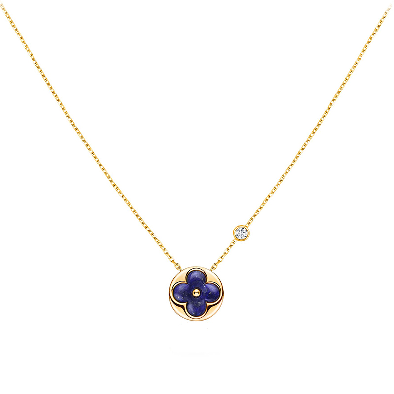 color blossom系列 18k金黄金镶嵌青金石钻石优雅太阳花女士项链 q9