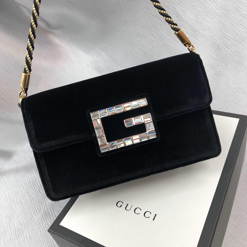 【包稅】gucci/古馳 女士 斜挎包 方g水晶logo 絲絨女包 單肩包 深