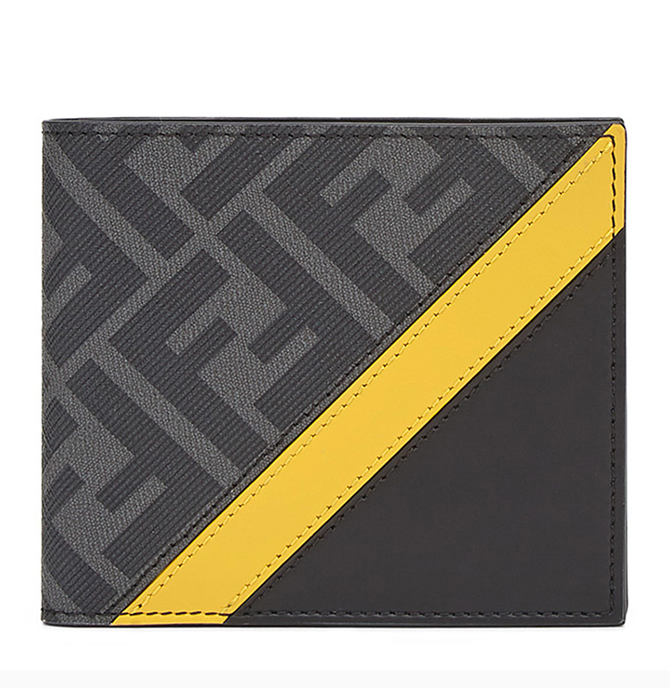 fendi 芬迪 20秋冬 男士黑灰色双flogo印花 黄色拼接皮革钱包