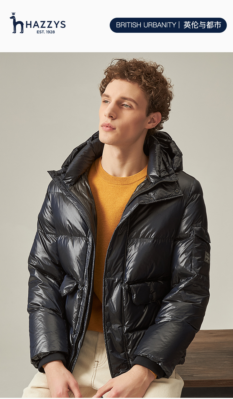 【商场同款】hazzys/哈吉斯 2020秋冬新品男士羽绒服亮面摩登休闲连帽