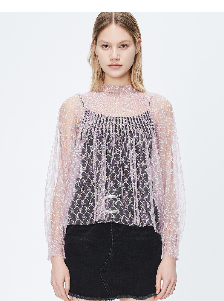 dazzle/dazzle地素20秋新款花边领压褶金丝衬衫蕾丝衫女士长袖衬衫2c