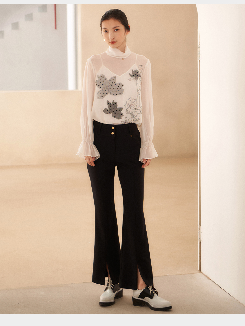 hui/卉 女士长袖衬衫20年秋季新品茶白色真丝两件套上衣立体网纱绣花