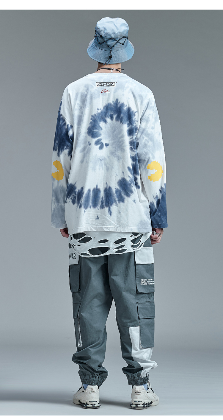 guuka 吃豆人 联名 潮牌 白色 扎染 长袖t恤 男 宽松 嘻哈 情侣 卡通