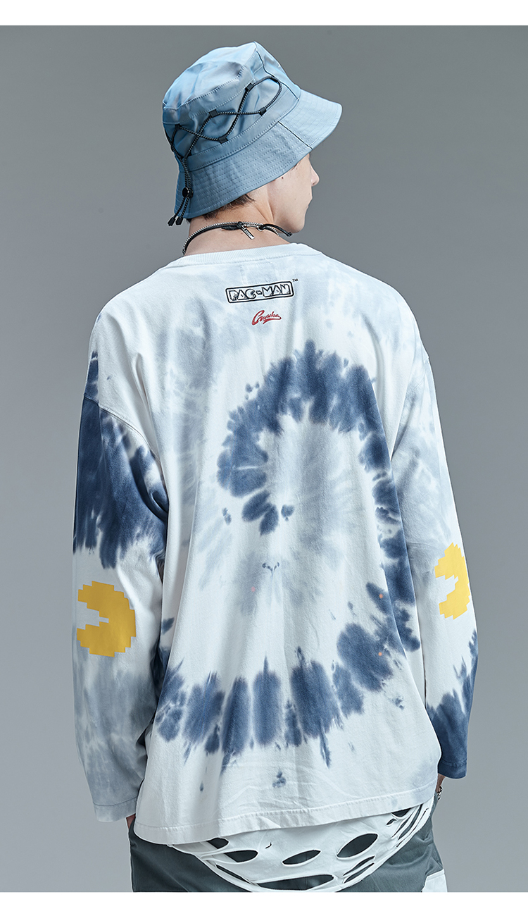 guuka 吃豆人 联名 潮牌 白色 扎染 长袖t恤 男 宽松 嘻哈 情侣 卡通