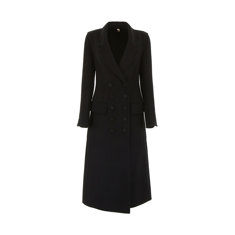 【秋冬】burberry/博柏利 女士黑色羊绒双排扣大衣 80014371【下单不