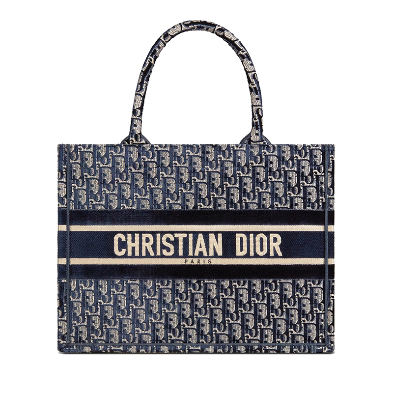 dior/迪奥 2020秋冬新款book系列 小号蓝色天鹅绒老花经典手提托特包