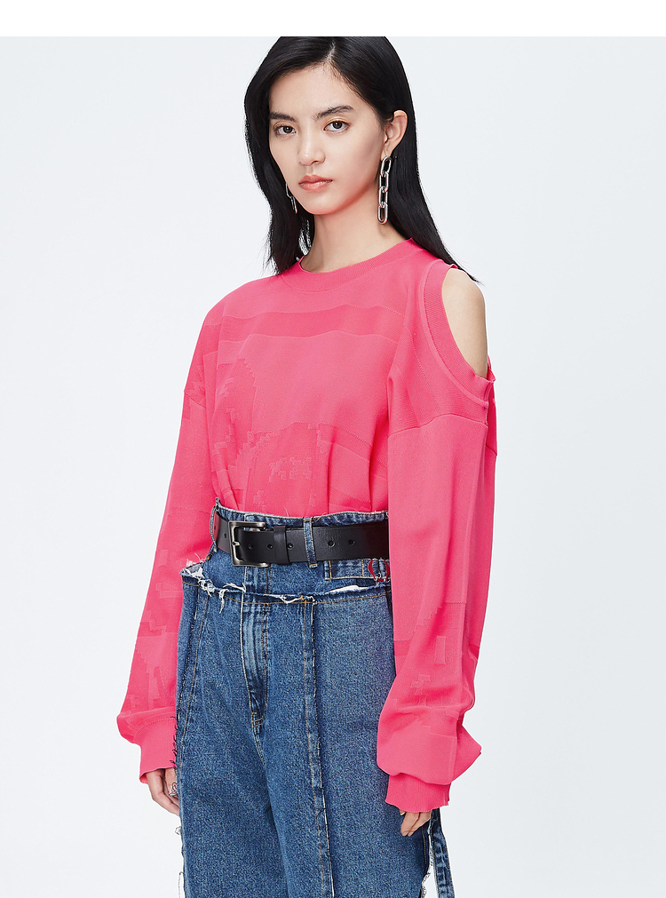 dazzle/dazzle地素20秋装新款露肩不规则廓形笑脸提花女士针织衫/毛衣