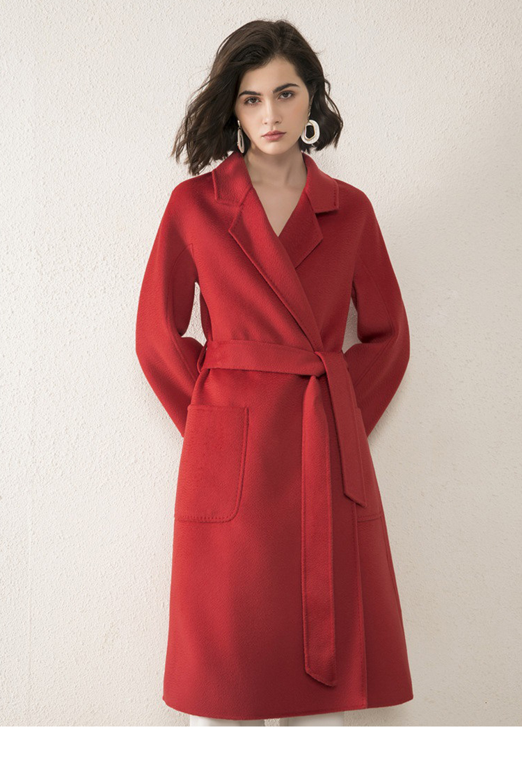 geleistory/geleistory经典双面毛呢外套女新款枫叶红水波纹羊绒大衣